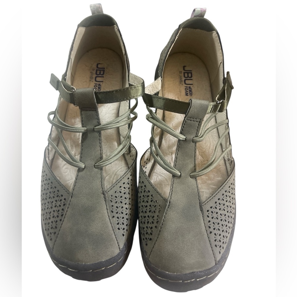JBU by Jambu women’s size 9 FIG taupe T strap leather casual comfort shoe sandal